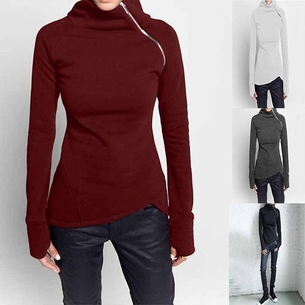 

women's hoodies & sweatshirts spring fall casual solid color hoodie women long sleeve high neck zipper sweatshirt irregular 2021 clothi, Black