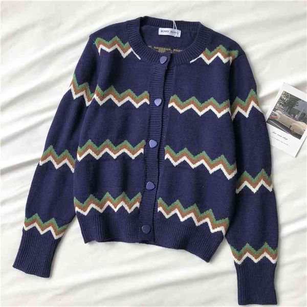 Coreano Chic Paneled Wave Cut Pattern Cardigan Coat Vintage O-Collo monopetto Pull Femme manica lunga maglione lavorato a maglia Top 210514