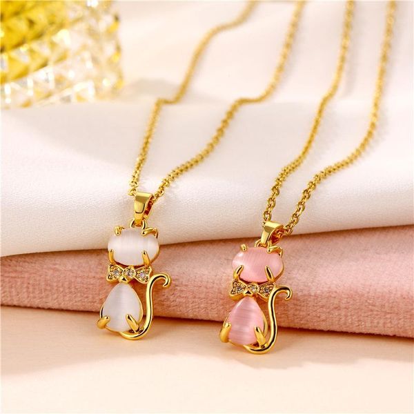 

pendant necklaces jewelry gift luxury cat's eye stone cat titanium steel women's micro inlaid zircon clavicle for girls, Silver