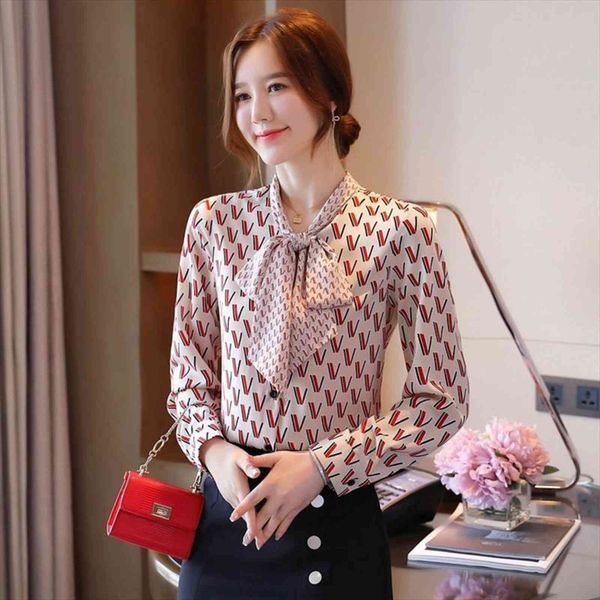 

autumn chiffon long sleeve women shirt korean fashion print blusas, White