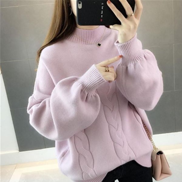 

womens sweater korean winter women half turtleneck lantern sleeve knit pullover loose plus size 5xl fashion jumper pull z2697, White;black
