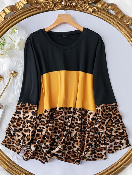 

plus colorblock & leopard print sweatshirt 26au#, Black