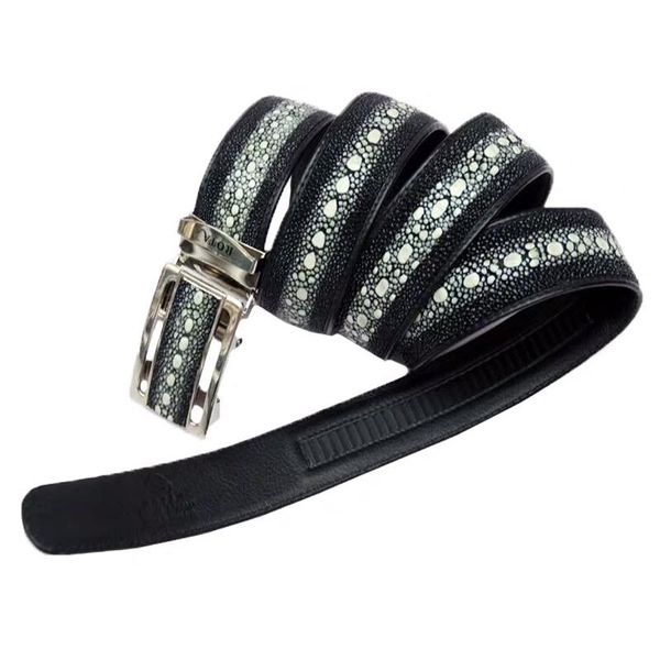 

business formal style authentic real stingray leather men waist strap genuine pearl fish skin automatic needle buckle male belt belts, Black;brown