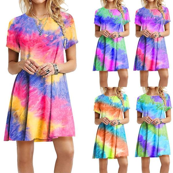 

summer tie-dye print casual beach mini dress gradient rainbow colorful o neck short sleeve loose plus size 5xl es 210520, Black;gray