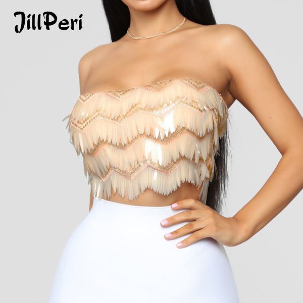 

jillperi women strapless luxury sequin crop party club wear ultra short street wear daily outfit bling shinny, Black;white