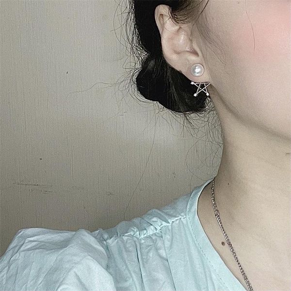 

dangle & chandelier cowbread korean design sense earrings female long temperament five-pointed star pearl hook pendant, Silver