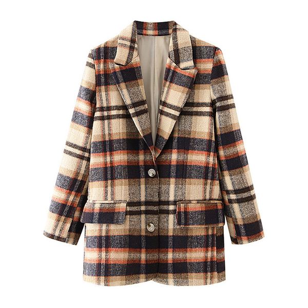 Blsqr elegante inverno xadrez mulheres blazer casaco causal manga longa tweed escritório senhoras bolso terno 210430