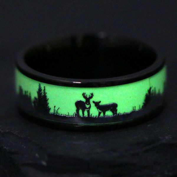

wedding rings black hunting ring band deer stag silhouette 8mm elk luminous christmas jewelry gift for women girlfriend, Slivery;golden