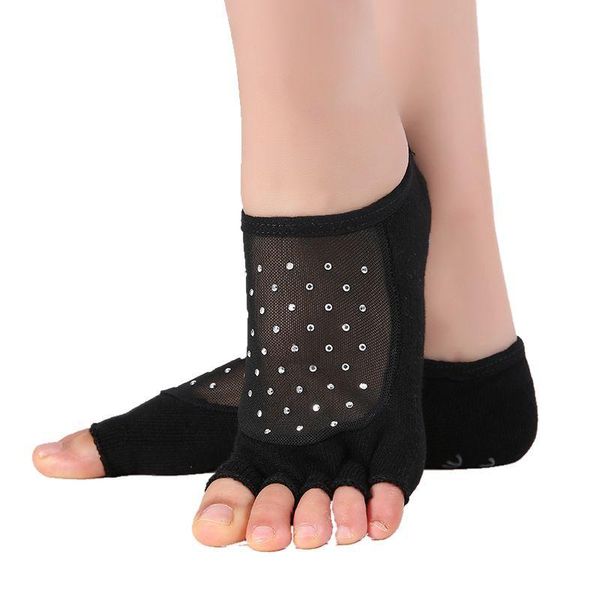

sports socks rade bud silk yarn gauze solid color yoga pilates anti-skid sock open toe five fingers, Black