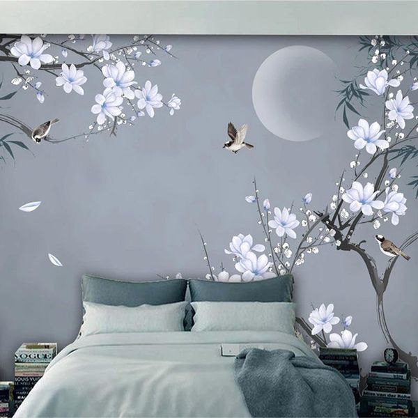 

wallpapers drop po chinese style hand-painted bamboo leaf magnolia flowers birds 3d wall murals bedroom painting