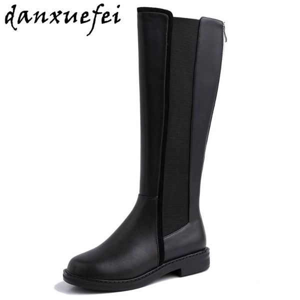

boots women's genuine leather elastic fabric patchwork slip-on flats knee winter warm plush long shoes, Black