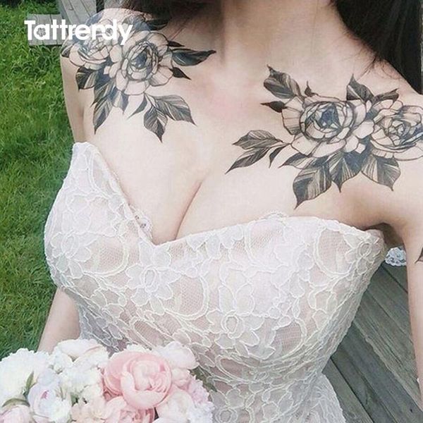 

temporary tattoos waterproof tattoo sticker flower peony rose sketches flash black henna body art arm fake tatoo women girls