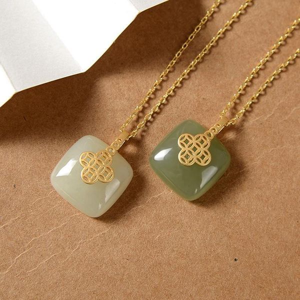 

chains natural hetian jade copper coin square necklace pendant creative classical temperament women's jewelry daily accessories, Silver