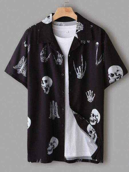 

men skull print button up shirt j04t#, White;black