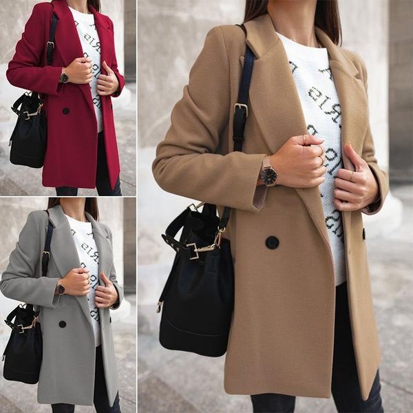 

women's wool & blends 2021 autumn winter solid-color long-sleeved double-breasted suit collar woollen cloth versatile fashion coat wear, Black