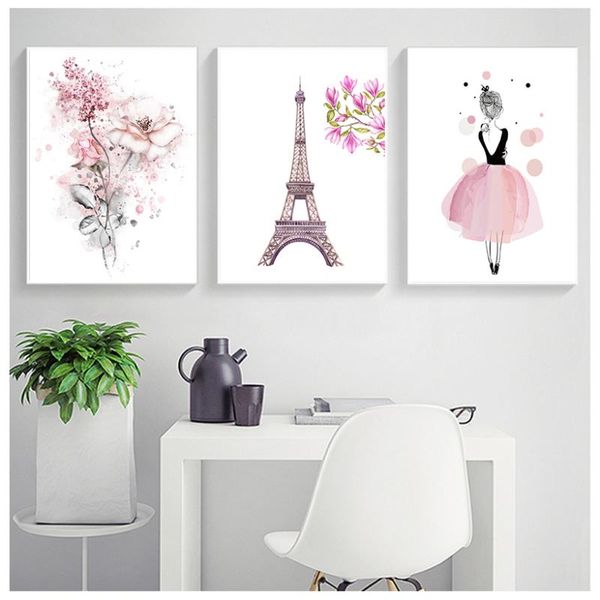 

paintings watercolor pink princess canvas flowers wall art pairs poster nordic pictures for girl kids room decoration home decor