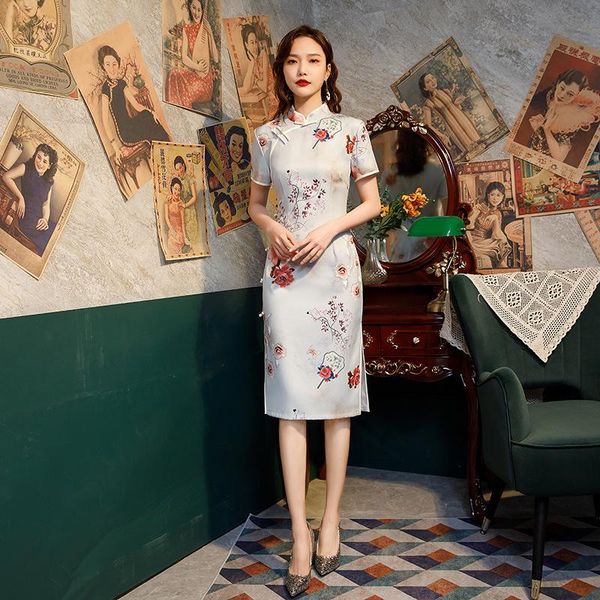 

ethnic clothing spring autumn flower printed satin knee-length cheongsam elegant traditional chinese women mandarin collar qipao oversize 4x, Red