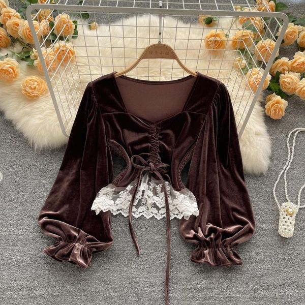 

women's blouses & shirts spring fall women slim lace patchwork lantern sleeve square collar black velvet shirt , woman velour blous, White