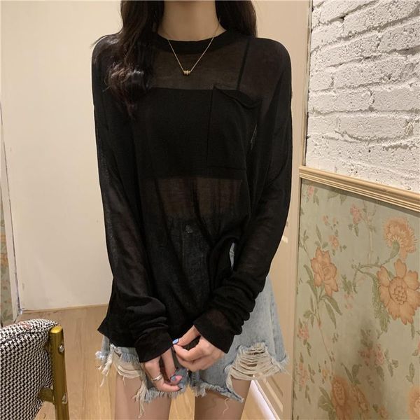 

summer women's t-shirt korean version of solid color round neck loose thin section perspective sunscreen long sleeves, White