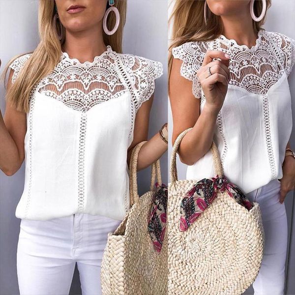 

summer and lace women shirt patchwork sleeveless solid blusas roupa feminina, White