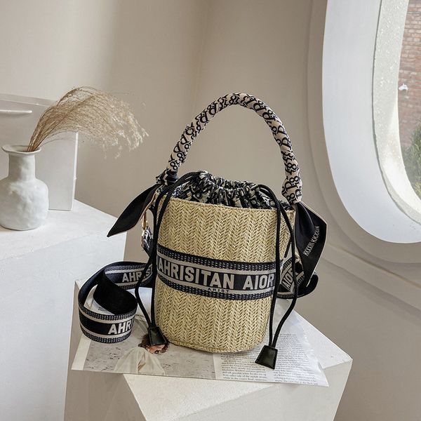 

woven 2021 new home a same straw woven bucket letter printed silk scarf messenger handbag