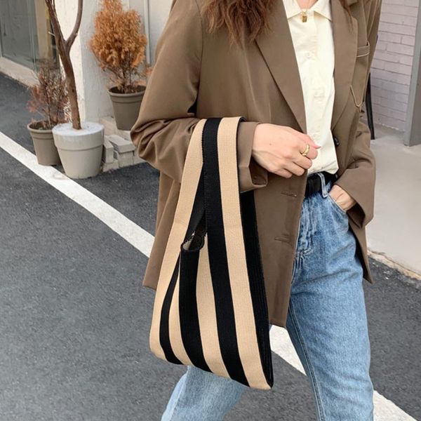 

evening bags retro stripe plaid ladies knitting handbags autumn winter female tote purse shopping contrast color women shoulder