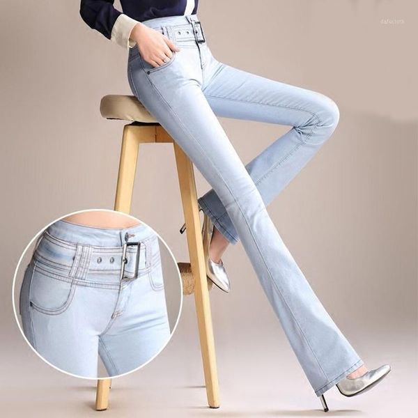 

women's jeans high waist pants 2021 autumn fashion denim cotton splicing elastic straight skinny flared trousers for female, Blue