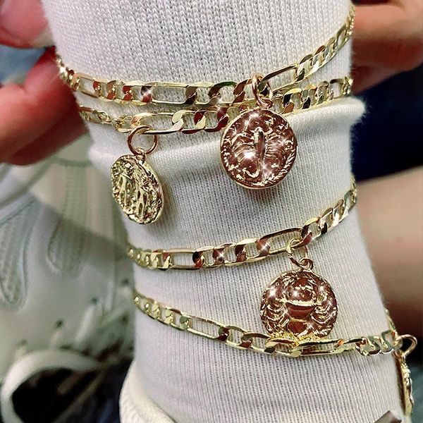 

anklets bynouck 2pcs/set fashion 12 constellations anklet gold color metal round coin feet chain for women 2021 jewelry beach party gift, Red;blue
