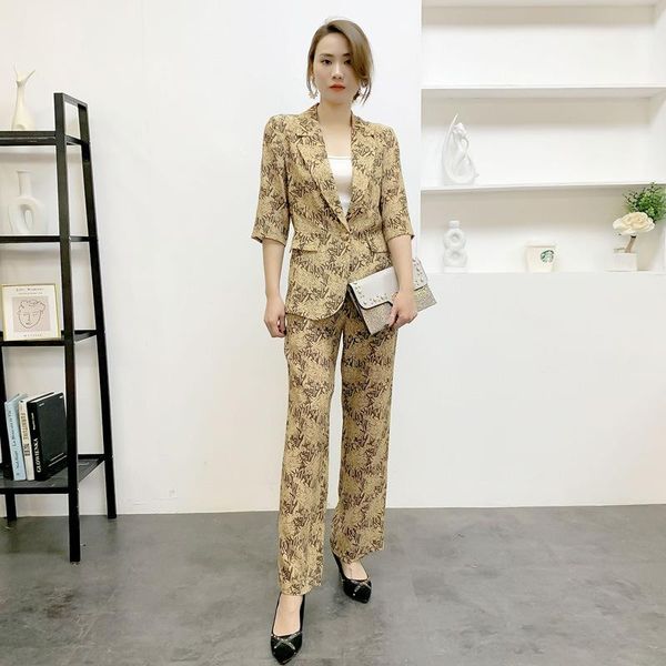 

women's two piece pants crepe de chine small suit the spring 2021 two-piece sleeve of women in aristocratic temperament is printed, White