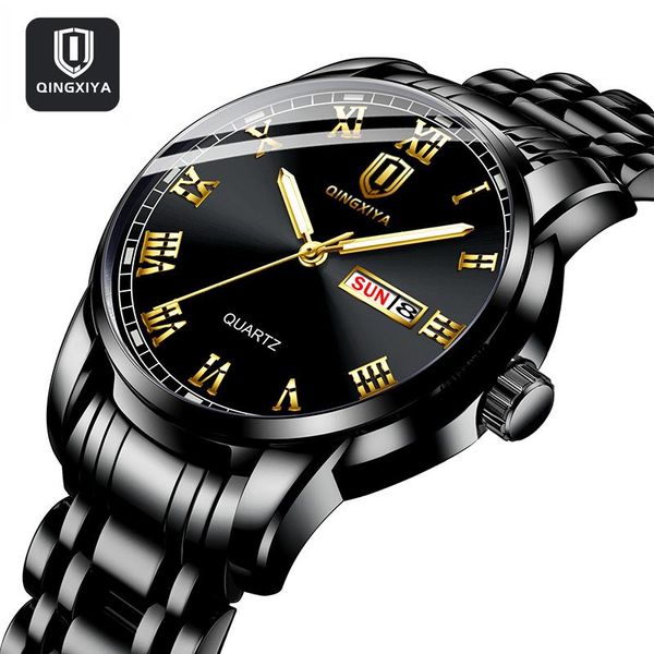 

wristwatches qingxiya quartz watch men stainless steel week date waterproof men's wristwatch male clock relogio masculino, Slivery;brown