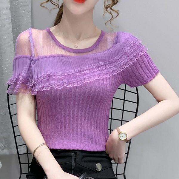 

women's blouses & shirts 2021 fashion mesh lace stitching knitted summer casual short-sleeved hollow double layer, White