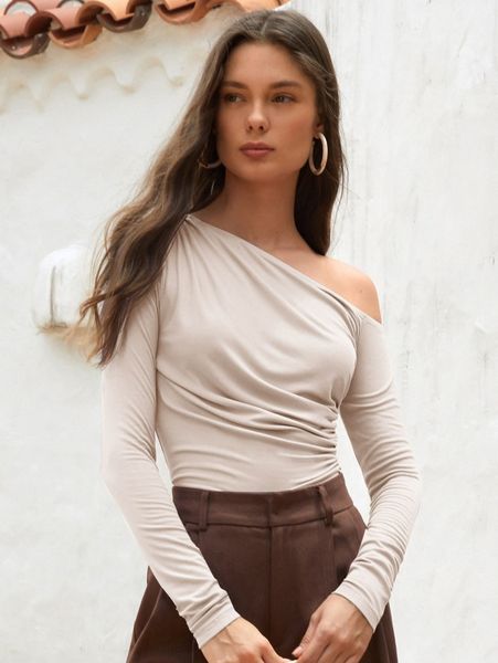 

asymmetrical neck ruched tee 39fz#, White