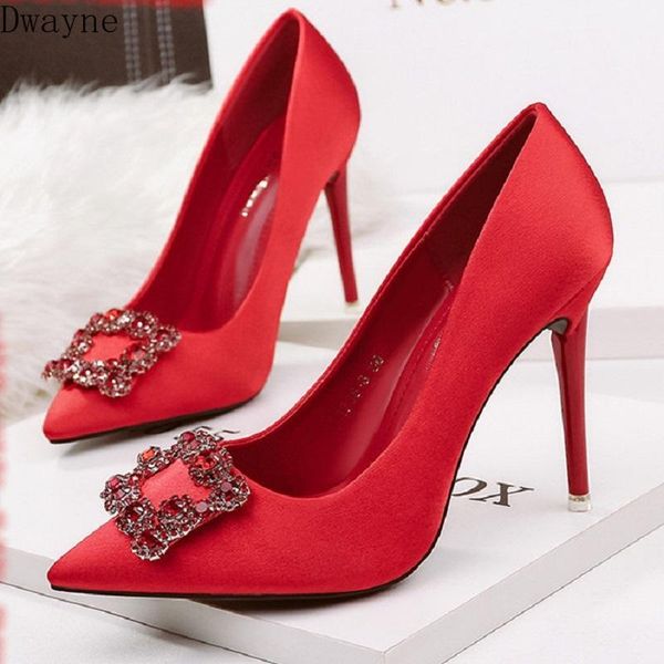 

dress shoes 2021 spring satin square buckle rhinestone wedding pointed high heels female fine with wild bride red, Black