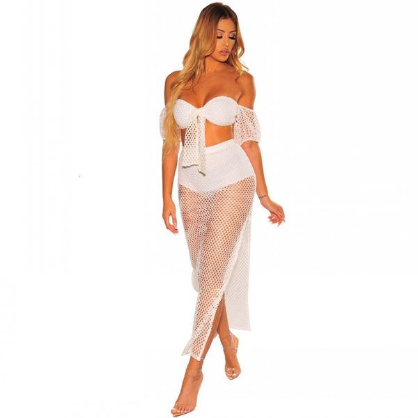 

skirts summer women two piece sets boho strapless slash neck mesh short sleeve crop &long fashion beach suit, Black