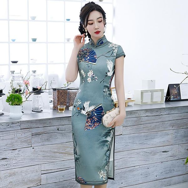 

ethnic clothing slim print flower chinese traditional desses satin oversize classic qipao summer women cheongsam long vintage vestidos, Red