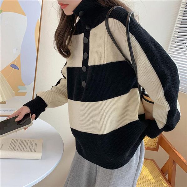 

women's sweaters qoerlin striped button up turtleneck sweater women streetwear harajuku vintage japanese knitted fall pullover, White;black