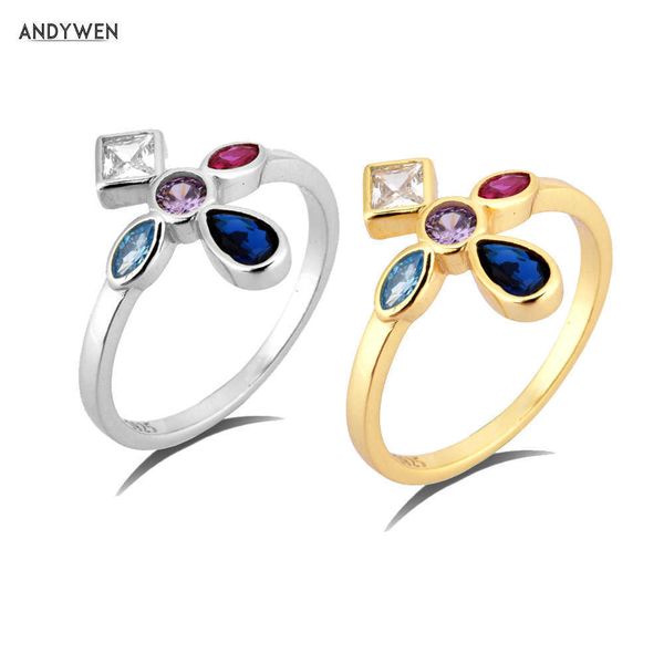 

andywen 925 sterling silver five color cross rings women luxury rainbow fashion fine jewelry for euorpean crystal 210608