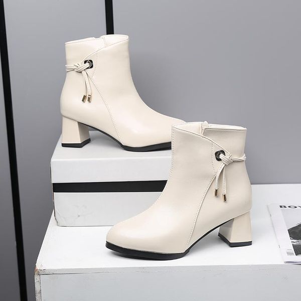 

boots spring and autumn women's single soft leather black pointed british short thick heel for women