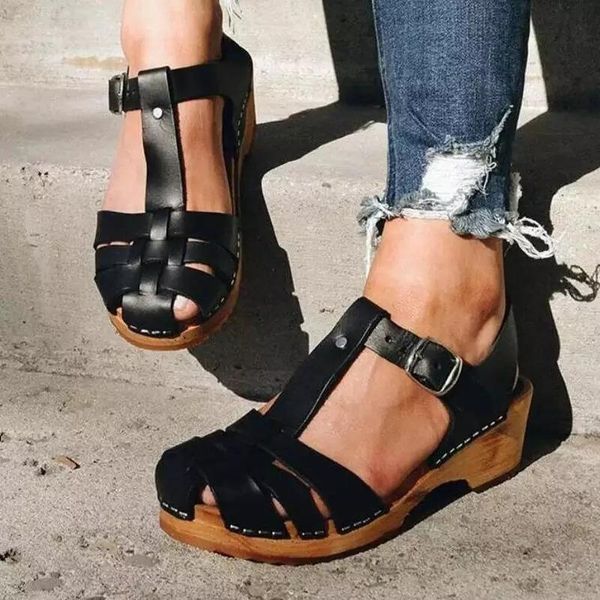 

women shoes 43 large buckle baotou sandals versatile middle heel fashion open toe, Black