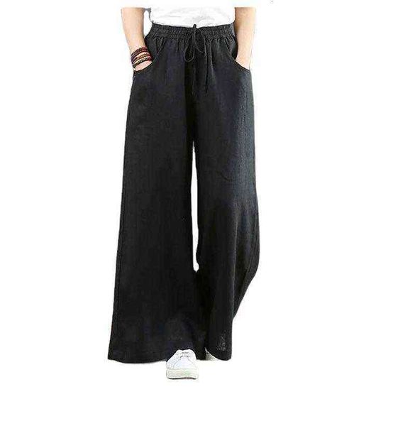

women's summer high waisted cotton and hemp trousers casual loose linen straight pants, Black;white