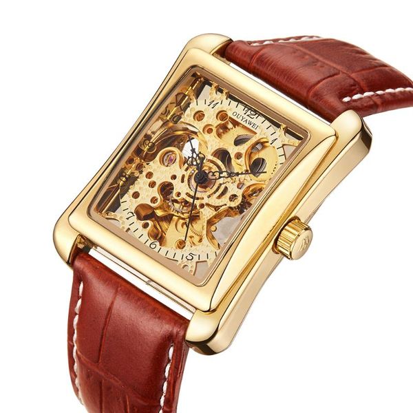 

wristwatches ouyawei fashion rectangle male clock skeleton automatic mechanical men's wrist watch leather belt erkek kol saati, Slivery;brown