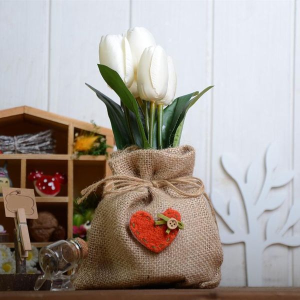 

decorative flowers & wreaths simulation 5 heads tulip flower potted real touch artificial silk with gunny bag for wedding party home decorat