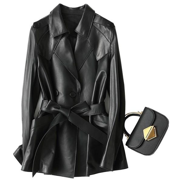 

women's leather & faux genuine sheepskin suede jacket spring autumn women moto coat suit lf2106, Black