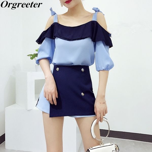 

casual suits female strapless off shoulder ruffled and button irregular stitching shorts or a-line skirt 2 piece set 210525, White