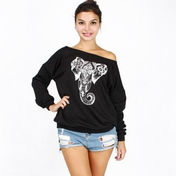

abstract elephant print loose shoulder off shoulder hip hop street sweater, Black