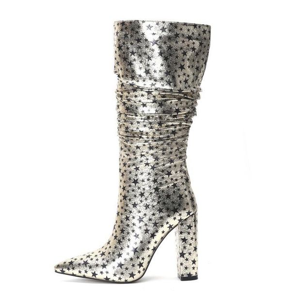 

boots autumn and winter thick heeled high shoes wide tube fashion pleated pointed star, Black