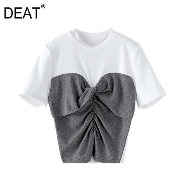 

[deat] summer fashion chic round neck splicing short sleeve folds temperament women t-shirt 13c676 210527, White