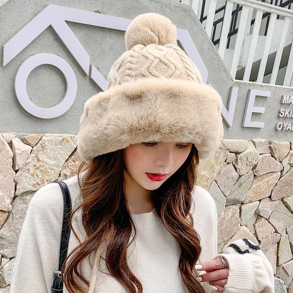 

wide brim hats women's winter hat 2021 big hair ball woolen yarn outdoor warm knit solid bucket cashmere ear-flapped women, Blue;gray