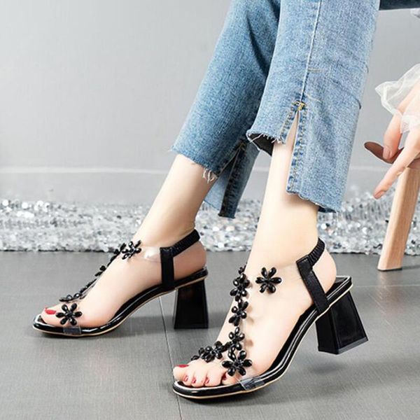 

rhinestone sandals female fairy style summer bow high-heeled thick-heeled roman c704, Black