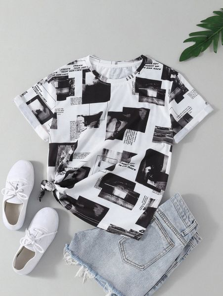 

slogan & figure graphic tee f0cl#, White